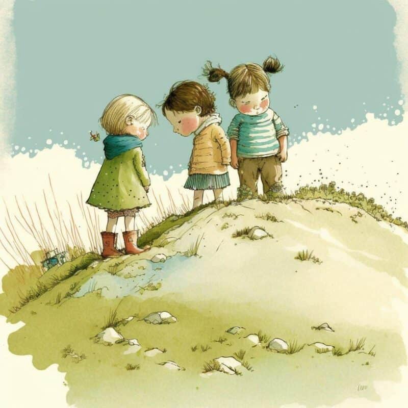 Pohádka - Čtyři děti na kopci, modrá obloha, tající sníh a ukazuje trávu a zem