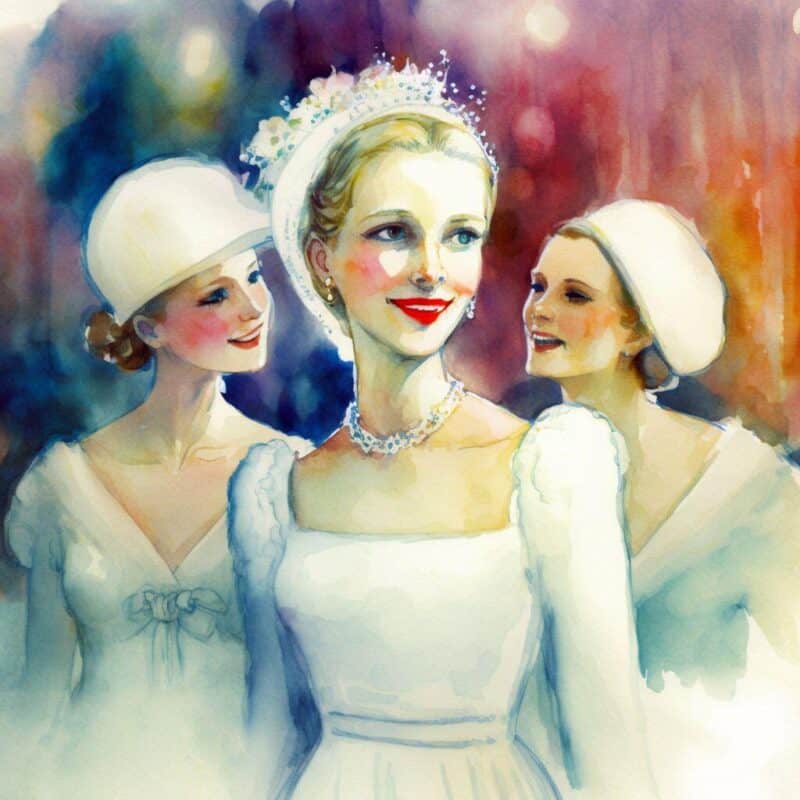 Pohádka - šťastná bílá žena s kloboukem mezi ostatními ženami pohádkové země na královském plese v zimě