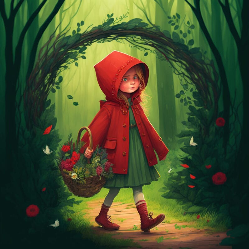Pohádka pro děti Červená Karkulka. Malá holčička s červeným kabátkem a červenou čepičkou jde krásným zeleným lesem s košíkem a kytkami.