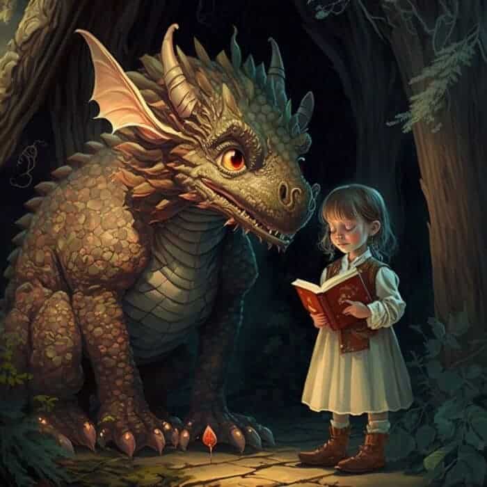 Ilustrační obrázek k pohádkám o dracích - Malá holčička čte drakovi pohádku