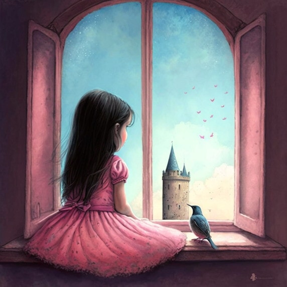 Pohádka o princezně v růžových šatech s dlouhými černými vlasy sedí zády k oknu ve věži, na okně sedí ptáček a kolem je modrá obloha