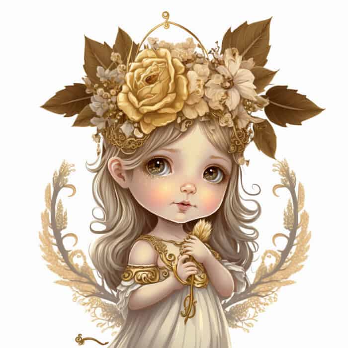 Pohádka o víle Vesně s korunou ze zlatých a stříbrných květin a v ruce drží zlatý prut.
