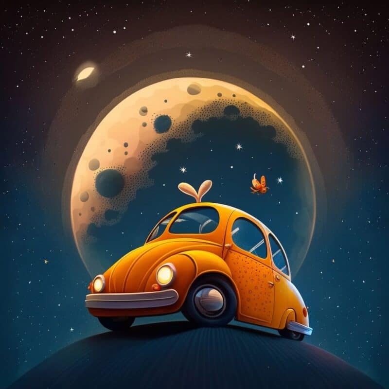 Pohádka O autíčku, které jezdilo ve tmě, auto, které jezdí v noci, když svítí měsíc a hvězdy.